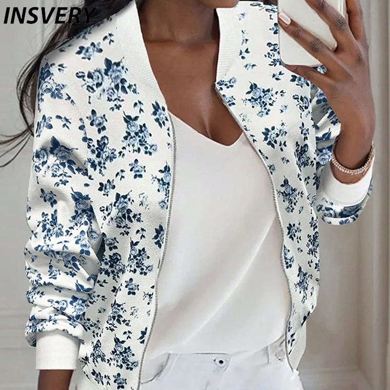 New Women Elegant Zipper Bomber Jacket Spring Autumn Floral Printed Jackets Office Wear Slim Office Coat Retro Outwear