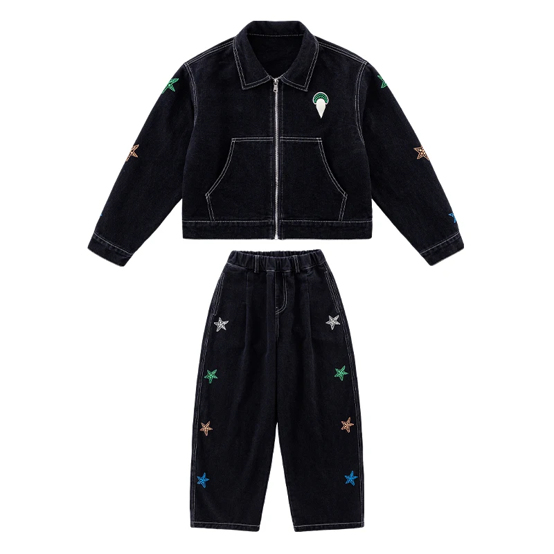 Comfy Children Outfit Spring Autumn Girls Colorfur Star Print Denim Jacket & Pants Set 2026 New Loose Fit Jean Suit For Kids 11Y