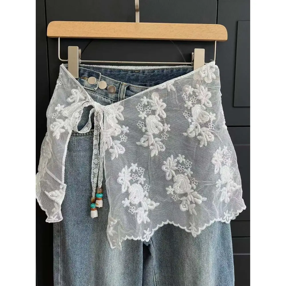 Trendy Jeans Decor Lace Fart Curtain Slim Fit Pretty Women's Hip Curtain Versatile Y2K Apron Wrap Skirt for Women