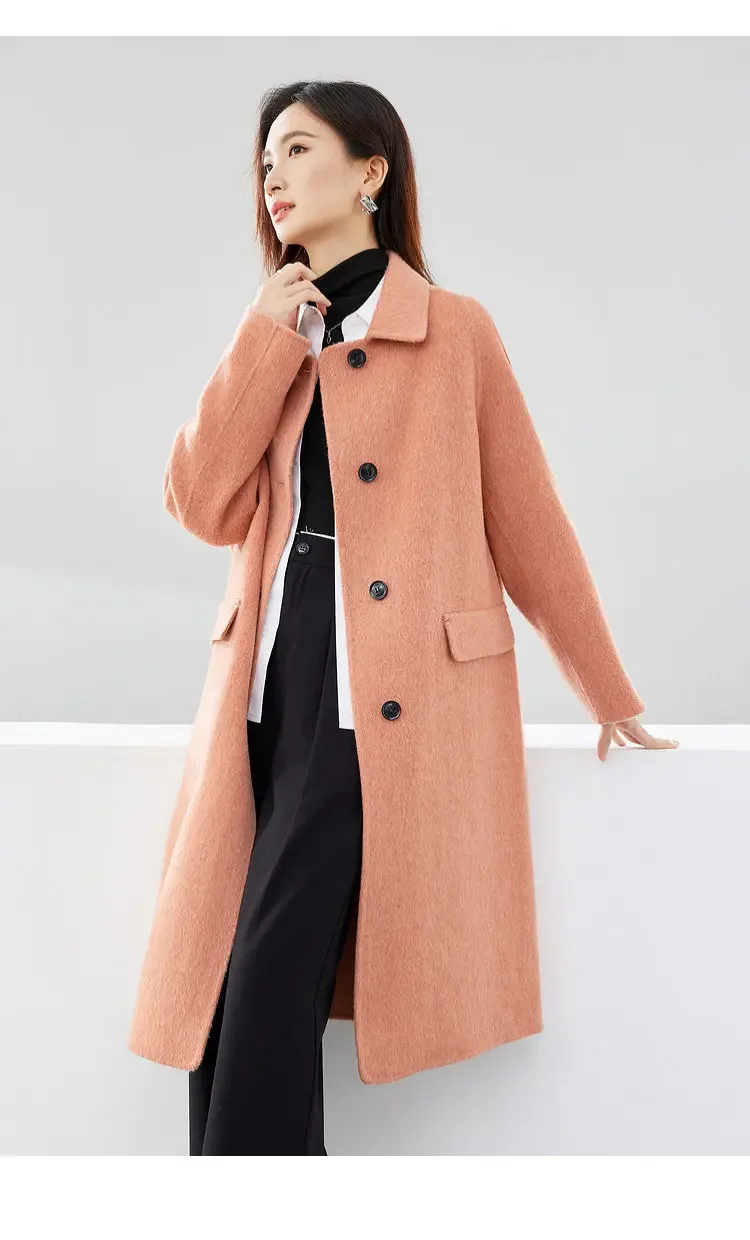 SENTUBILA Langer Mantel aus reiner Wolle für Damen 2026, lässiger Reverskragen, lockerer Trenchcoat, warmer Wintermantel, Damenoberbekleidung W54OF3636X – Detail 28