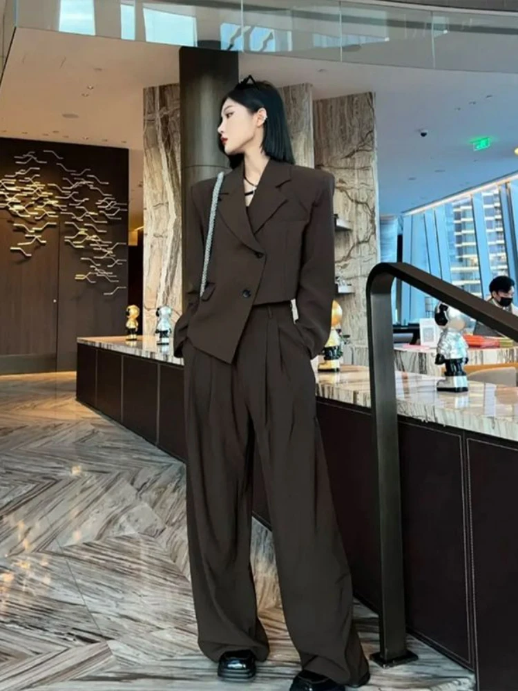 Insozkdg 2022 Autumn New Korean Style Sense of Design Short Western Style Leisure Suit High Waist Slimming Wide Leg Pants Suit