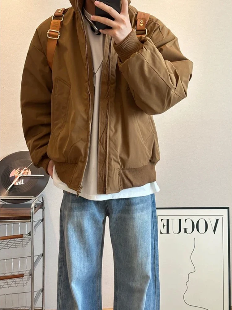 

Faionable Brown Cotton Flight Jaet Men's Trendy Baseball Sle Stand Collar Coat Autumn Winter New Arrival Casual Urban Wear