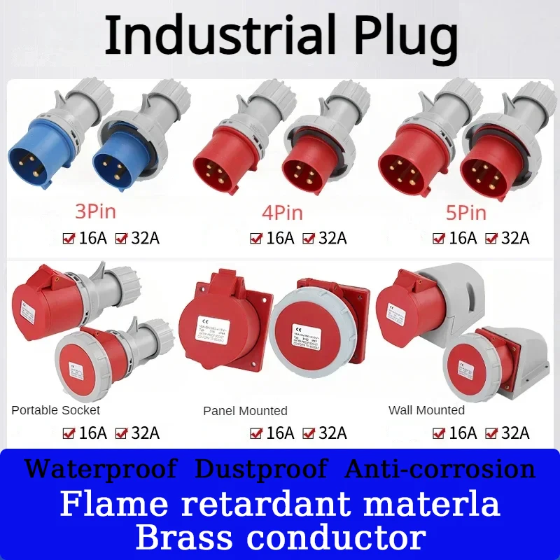 

Industrial plug socket waterproof connector 3PIN 4PIN 5PIN 16A/32A IP44/IP67 waterproof electrical connection wall mount socket