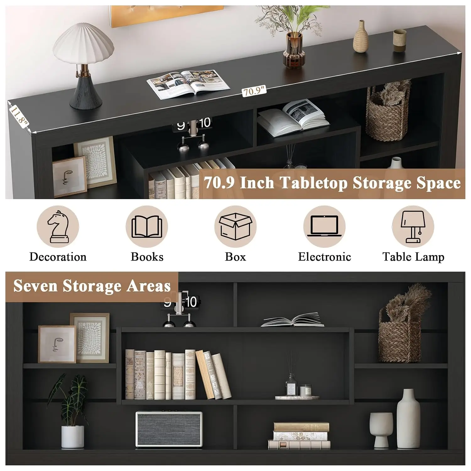 Low Profile Bookcase 70.9 Inch 7 Cube Storage Organizer Black Console Cabinet  Entryway Office, Customized