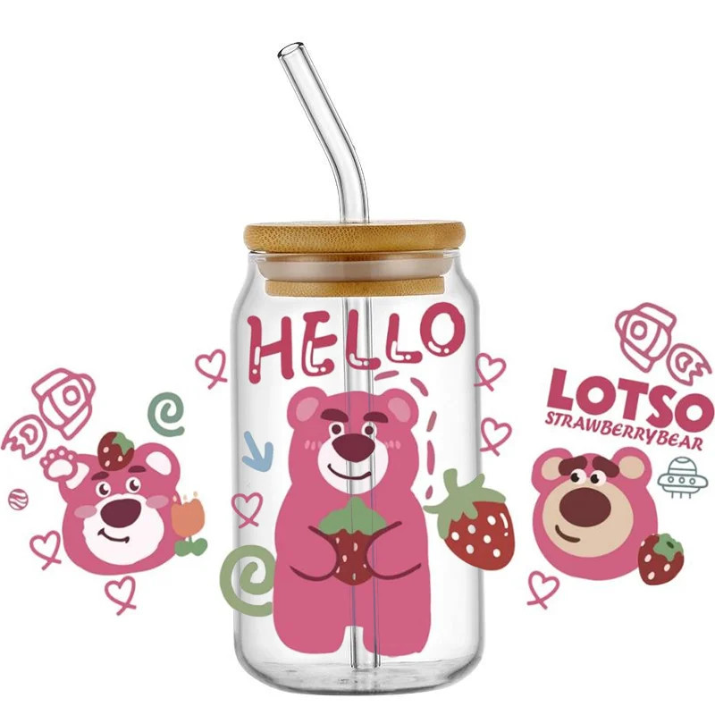 Miniso Strawberry Bear 3D Waterproof UV DTF Cup Wrap for 16Oz 10OZ Libbey Glass Can DIY Transfer Sticker