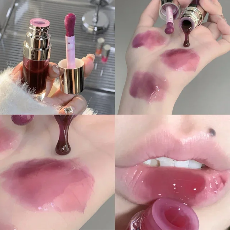 Gelatina de aceite de labios de vidrio violeta, brillo de labios hidratante transparente, maquillaje, lápiz labial líquido nutritivo, cepillo grande, cuidado de los labios