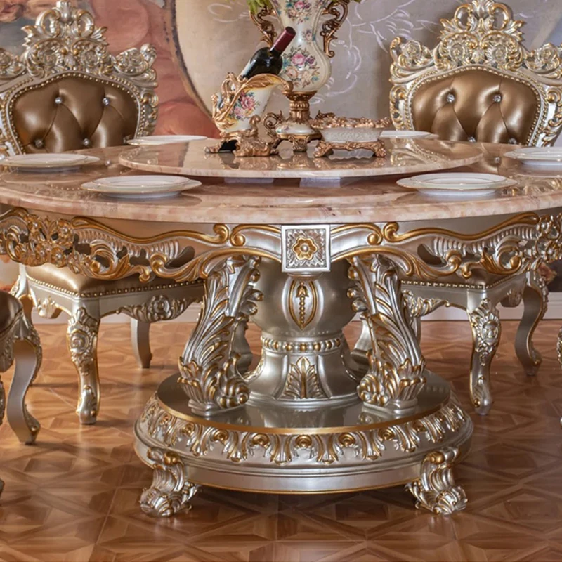 !@High End Customized Luxury Dining Room Furniture Dinner Set Royal Rotating Round Marble Dining Table Set 6 Chairs view 3