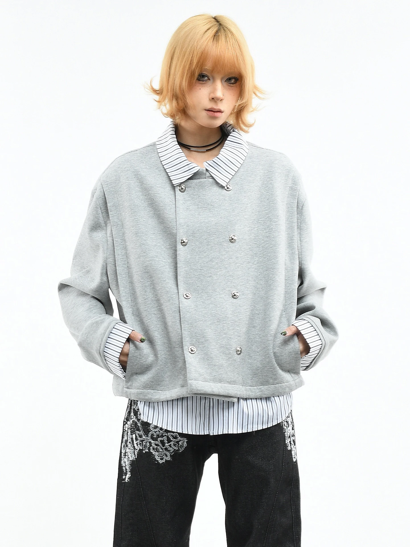 

OV Original College Style Patchwork Stripe Mock Two-Piece Hoodie Spring Loose Short Menswear Double-Button Casual Outerwear