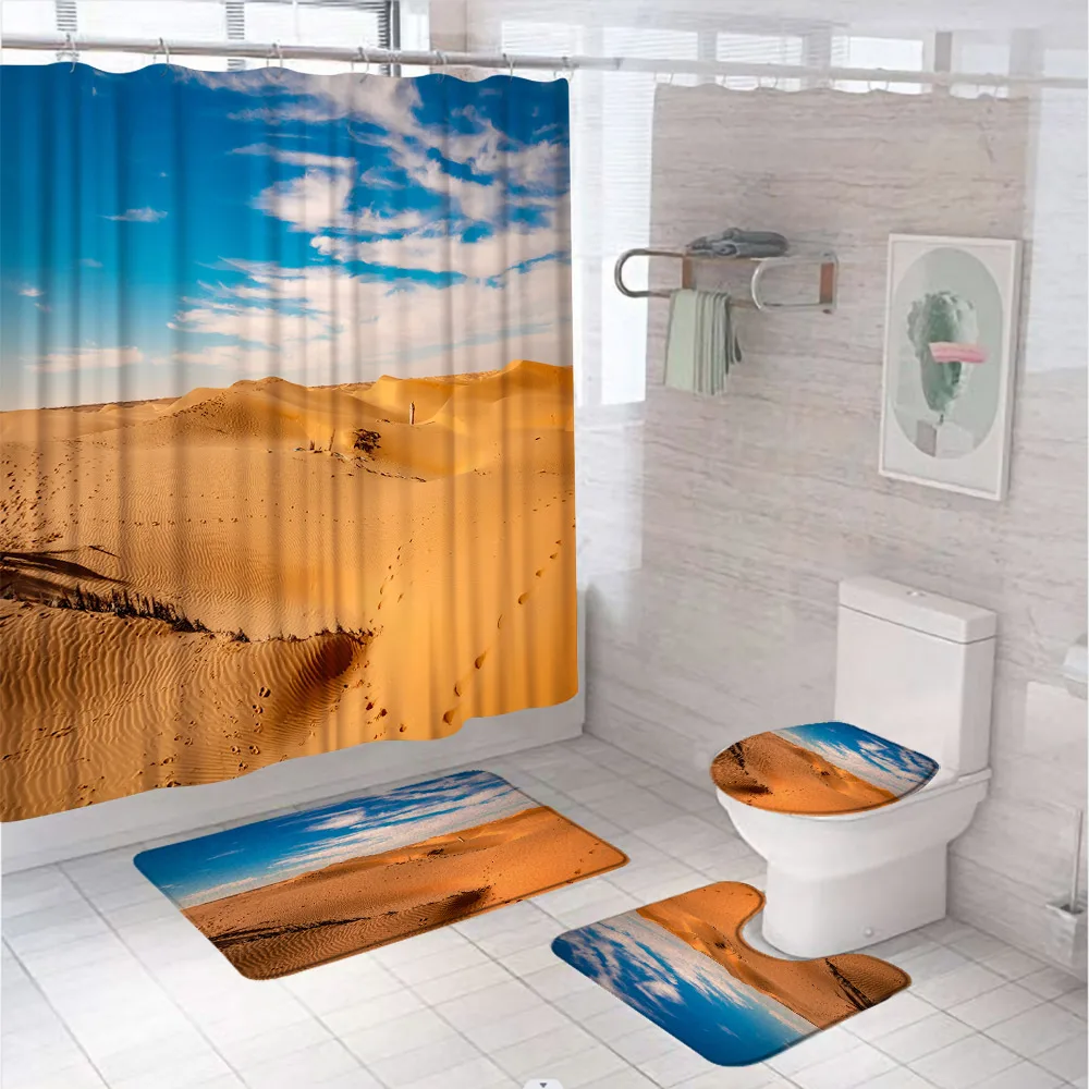 Desert Sandy Tropical Shower Curtain Sets Natural Scenery Modern Camel Pyramid Bathroom Curtains With Bath Mat Rug Toilet Cover