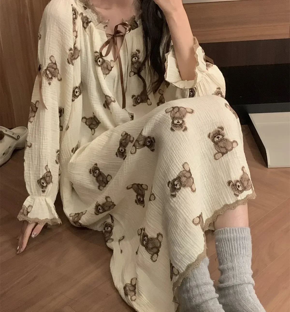 

Home Lace Gauze Comfortable Long Neck Sleepdress Ruffle Drawstring Sleeve Bear Cotton Nightgown Nightdress Print Women