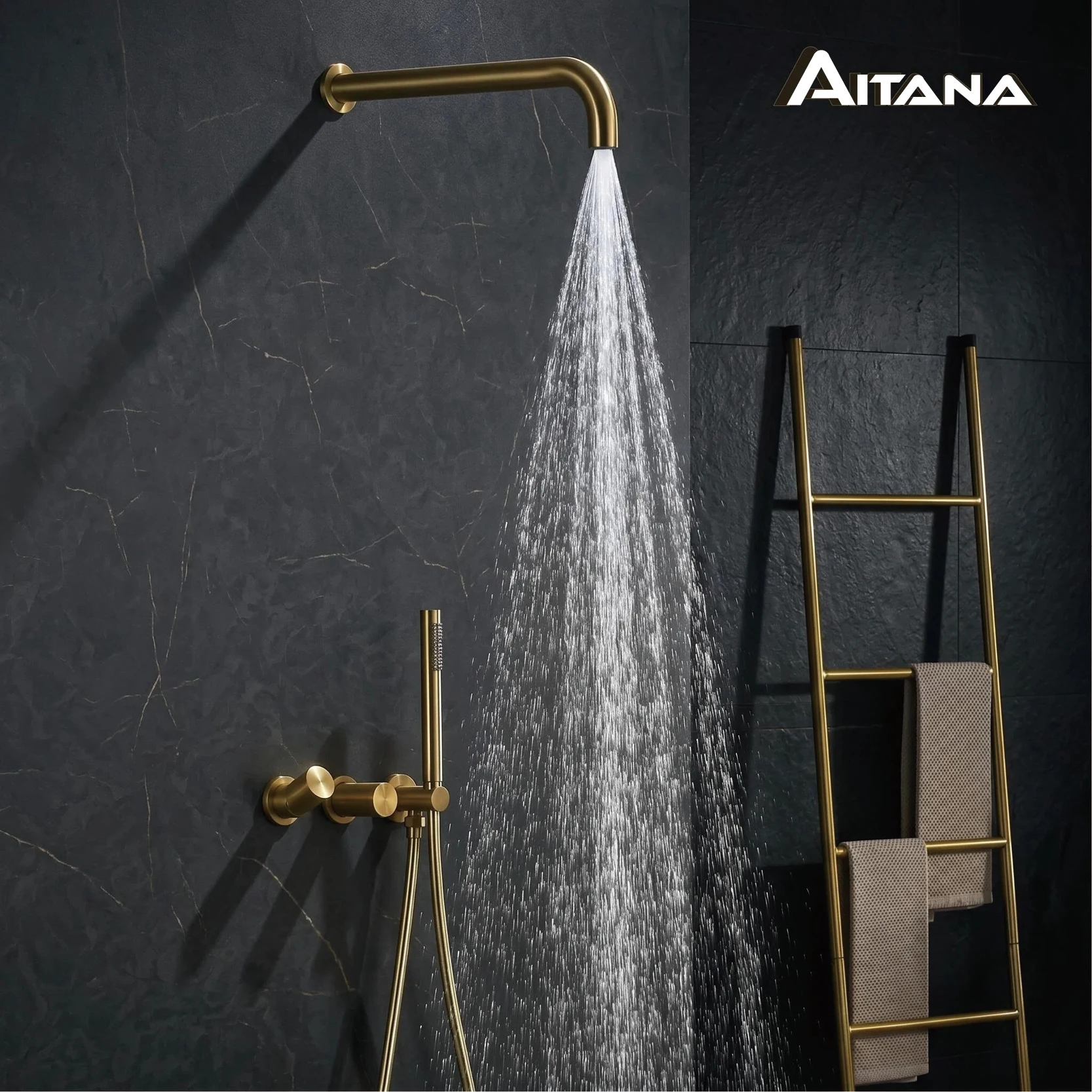 Minimalist Brushed Gold Wall Mount Shower System 2 Way Hot Cold Water Bathroom Rain Shower Mixer Tap Complete Shower Faucet Kit