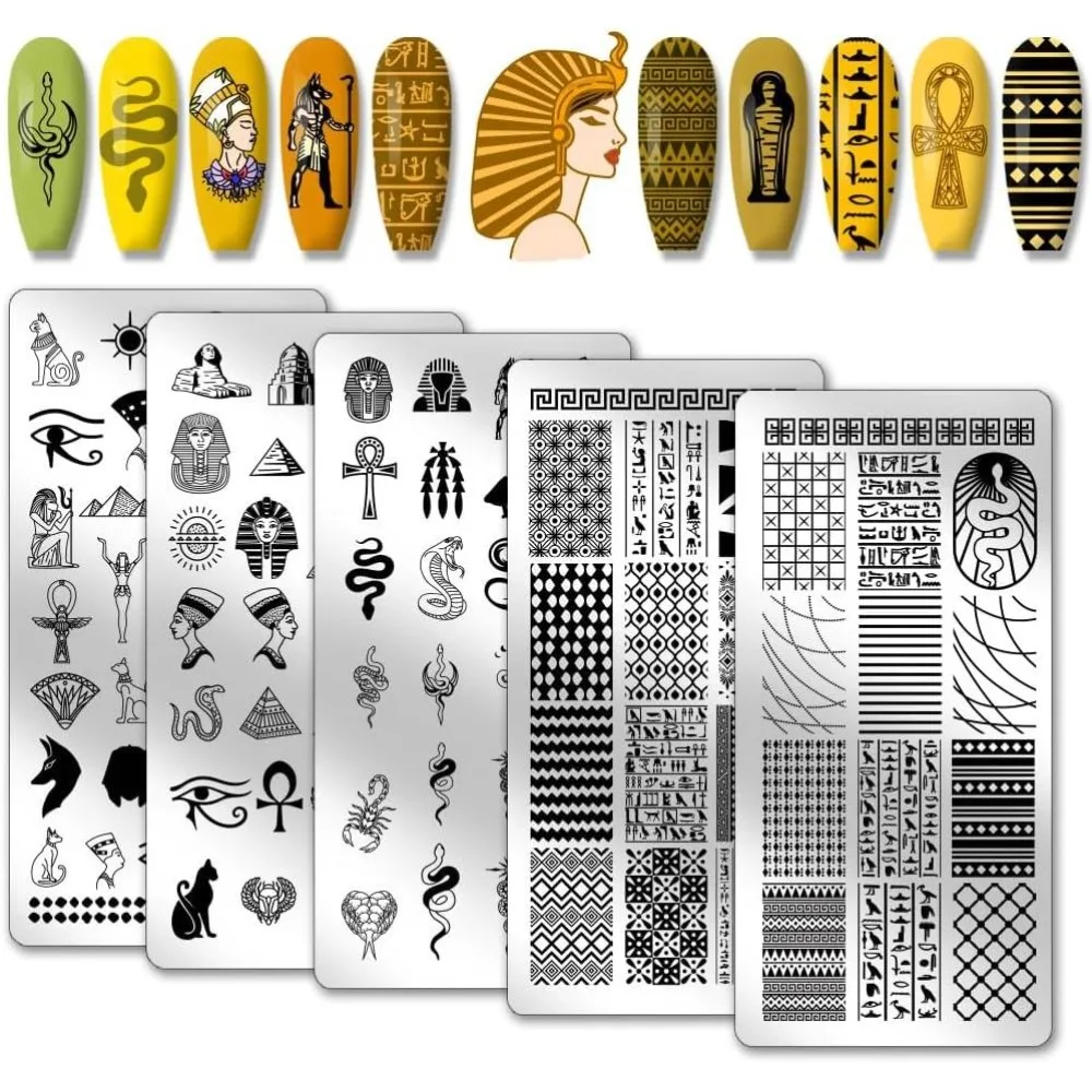 5pcs Egyptian Elements Nail Stamping Plates Pharaoh Mummy Nail Art Templates Snake Nail Art Stencil Stainless Steel Nail Image
