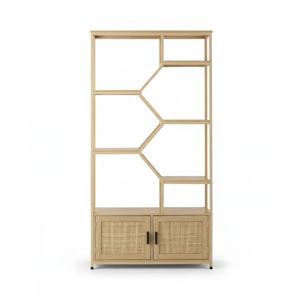 Rattan-Bücherregal, 7-stufiges Bücherregal mit Schrank, Aufbewahrungsregal aus Naturrattan, Bohemian-Displayregal, 39,4 Zoll B x 13,8 Zoll T x 75,6 Zoll H