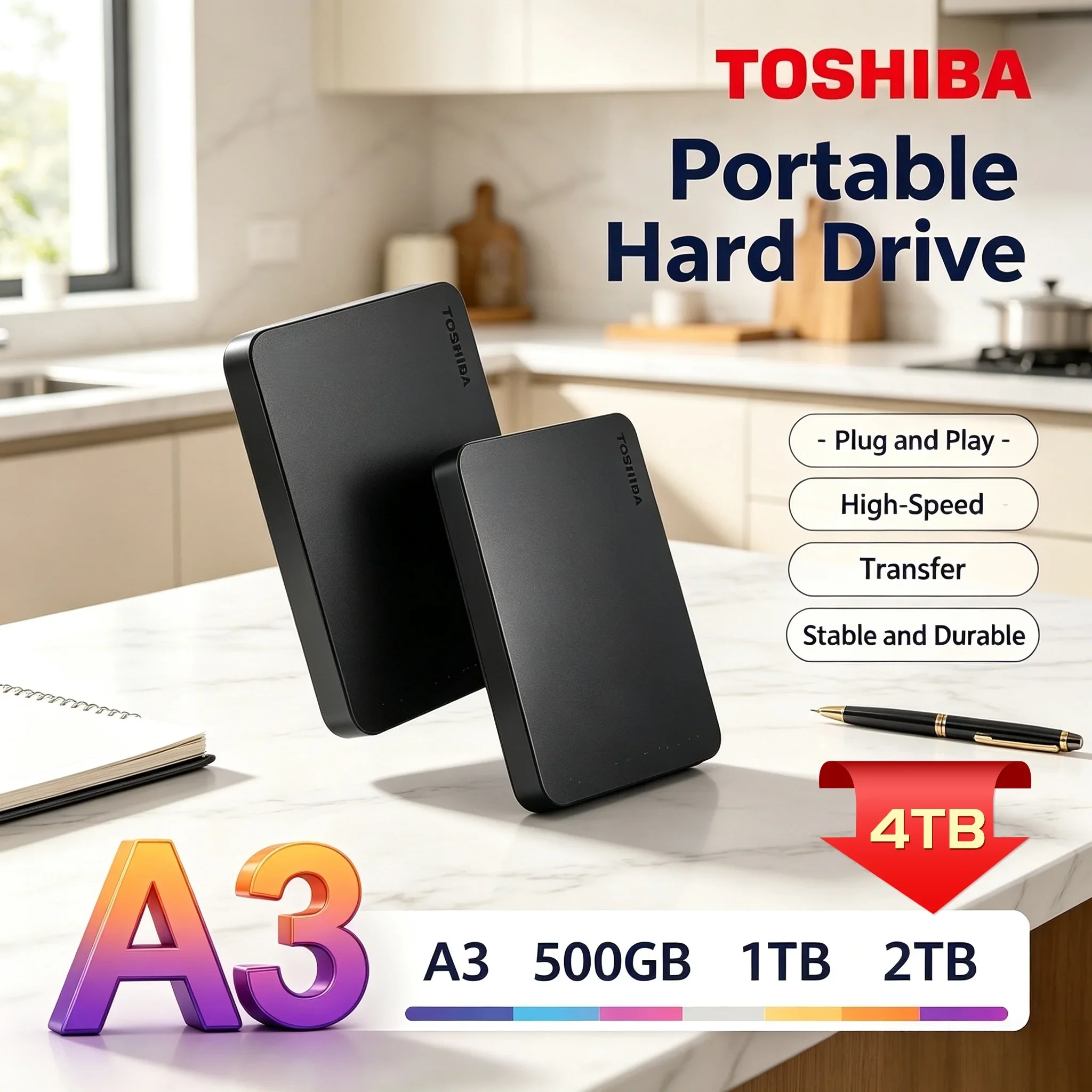 Toshiba A3 Canvio Basics Black External Hard Drive USB 3.0 Portable for Gaming Console Office Gift 8K HD 500GB 1TB 2TB 4TB SSD
