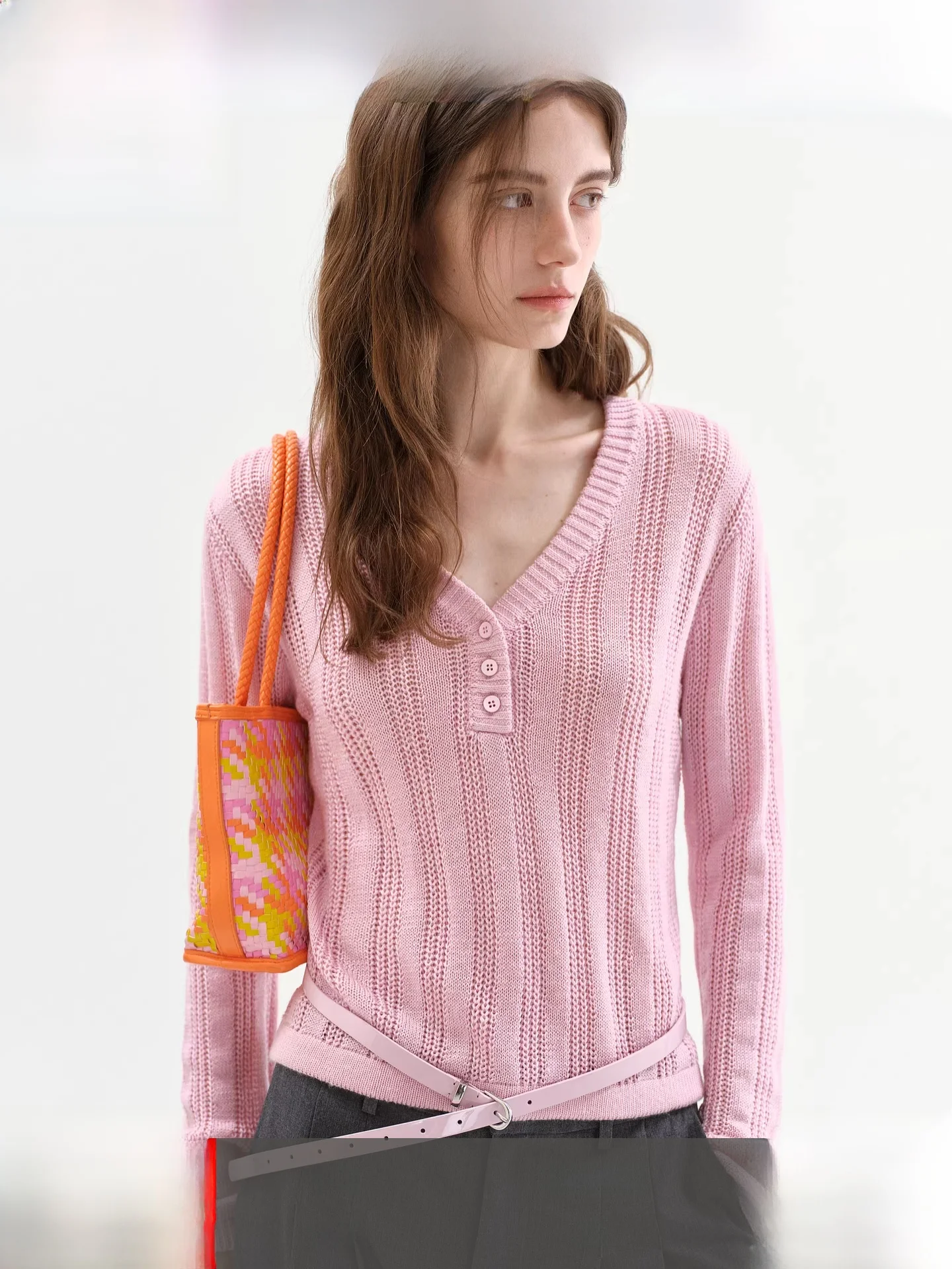 

Fano Spring Early Sweet Cool aron Breathable Texture V-ne f Open Knitwear Top Women's Faion Korean Sle Slim Fit