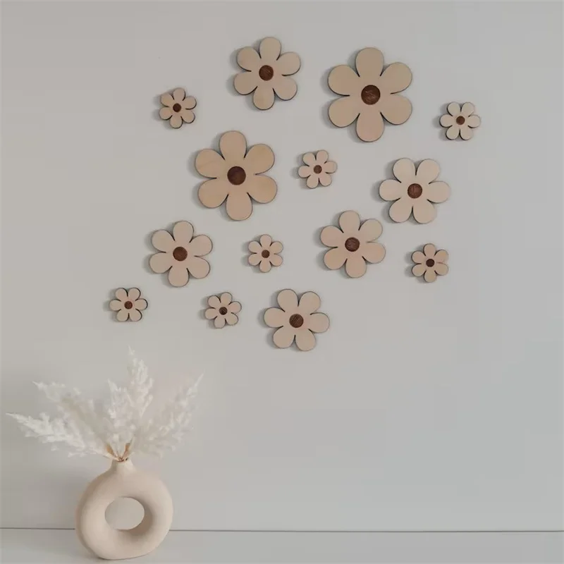 14Pcs/Set Nordic Style Wooden Round Daisy Home Background Wall Decoration Wooden Wall Stickers Holiday Decoration Wall Crafts Home Room Wooden Balloon Wall Stickers Homestay Coffee Bar Decorative Wall Decor