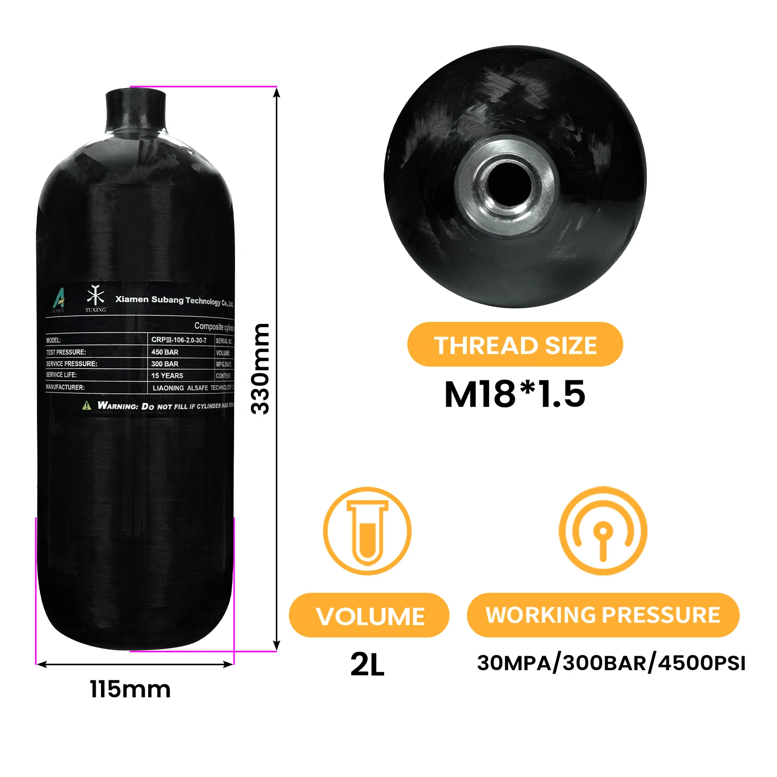 TUXING 300Bar 4500Psi 2L Cilindro de fibra de carbono preto Tanque de mergulho de alta pressão HPA Fio de mergulho M18 * 1.5