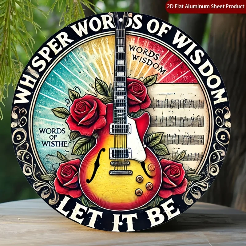 2D Flat 1pc Musical Theme Round Aluminum Sign, Guitar Illustration Metal Tin Sign - Inspirational Phrase Rustic Metal Wall Art