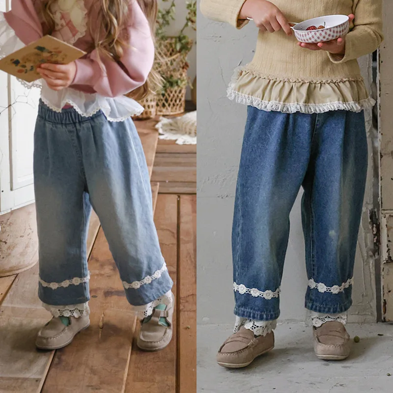 Girls Jeans 2026 Fall New Dark Blue Fashion Lace Casual Versatile Kids Pants Cotton Embroidered Cute Sweet Girls Wide Leg Jeans