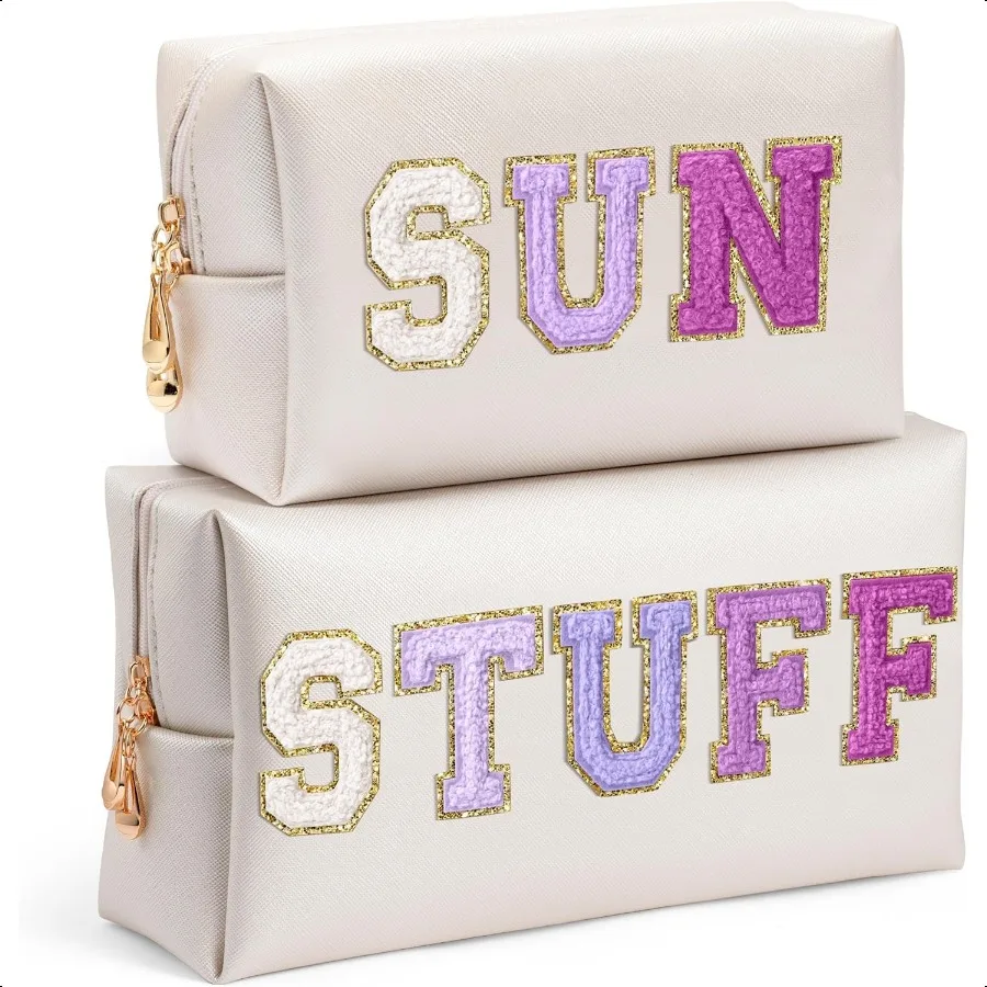 

Preppy Patch Cosmetic Bags Valentine's Day 2P Purple STUFF SUN Chenille Letter Makeup Bag PU leather Travel Toiletry Bag Portab