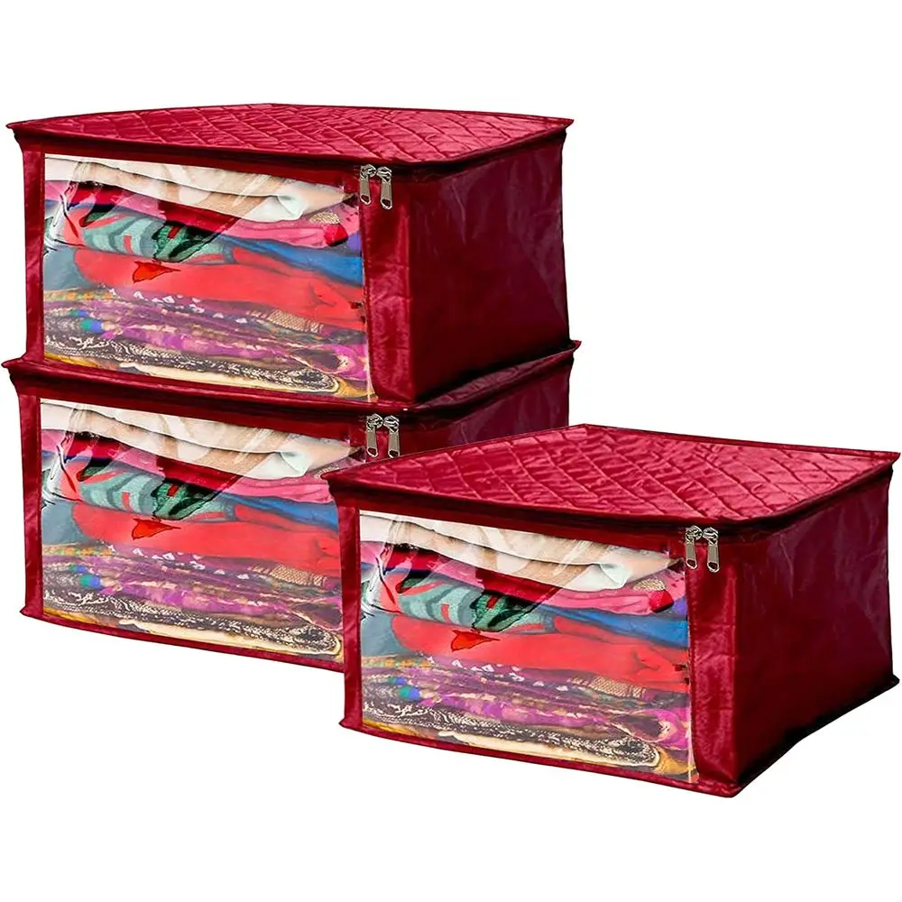 

Maroon Satin Sari Blouse Cover Bag with Clear Window, Zippered Lock, Pack of 3 for Wardrobe Organization