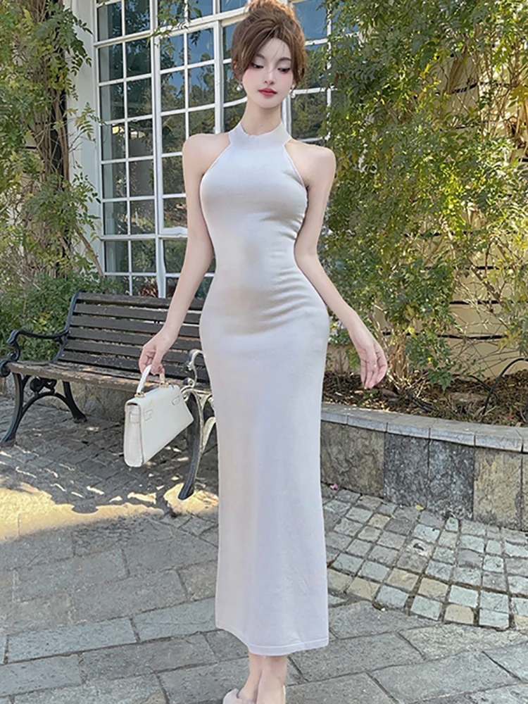 Women Solid Knitted Sleeveless Stand Collar Long Dress Spring Summer Elegant Casual Home Dress 2026 Korean Bodycon Evening Dress
