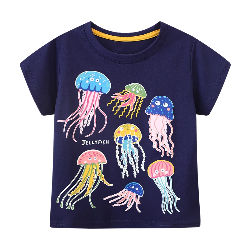 Luminous Boys' Navy Blue Short Sleeve T shirt with Glow in the Dark Jellyfish Print - Suitable for Ages 2-7y
