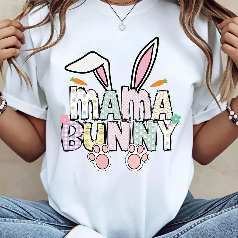 Mama Bunny Easter Shirt Women Cute Rabbit Ears And Paw Print Design Spring Holiday Tee For Moms With Pastel Patterns And Carrot Accents, 220g
