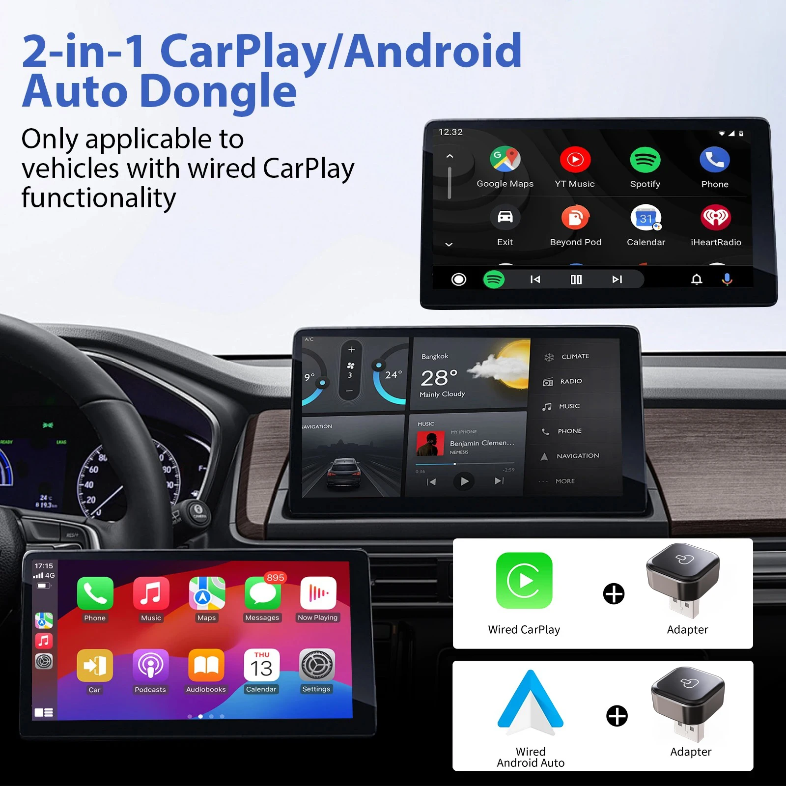 2-in-1 Wireless CarPlay & Android Auto Adapter 5.8Ghz Wireless CarPlay Dogle Plug Play AI Smart Box For Car With Wired CarPlay