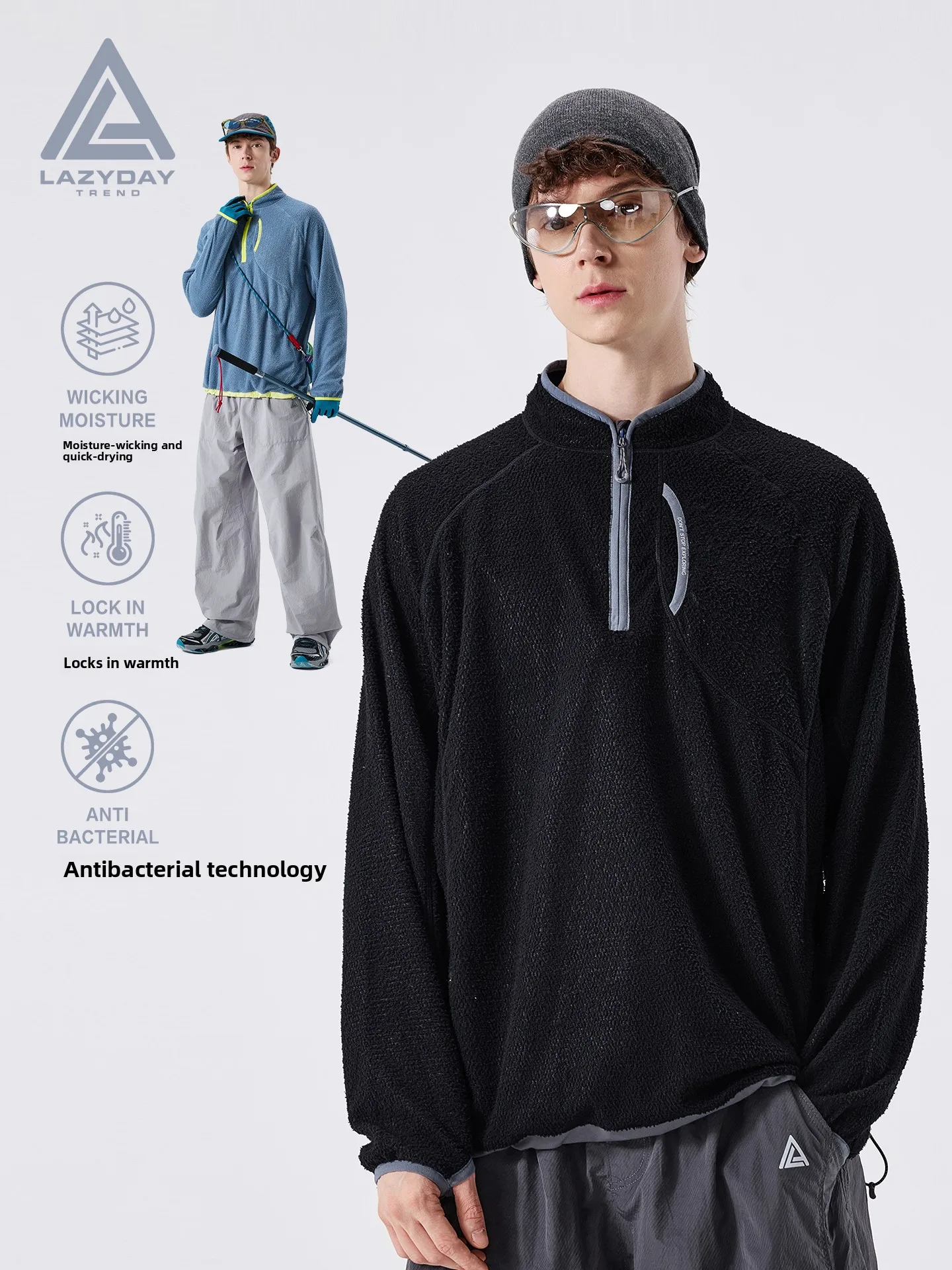 LAZY DAY Outdoor Men's Long Sleeve T-Shirt Quick Dry Warm Hiking Sport Top Polyester Fiber Antibacterial Loose Fit Stand Collar