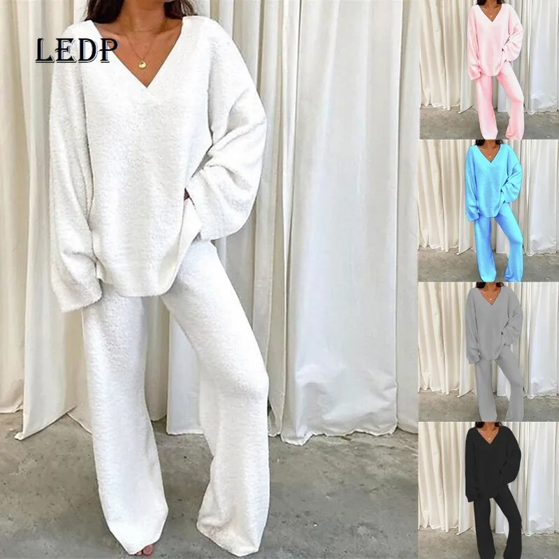 

Осень 2024, новый европейско-американский удобный однотонный повседневный женский костюм с v-образным вырезом, повседневные домашние термобрюки, женские комплекты из двух предметов