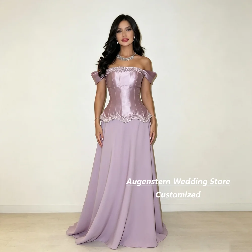 Customized Off The Shoulder Satin Beaded Lavender Corset A Line Mother Of The Bride Gown Trim Formal Wedding Guest Gown