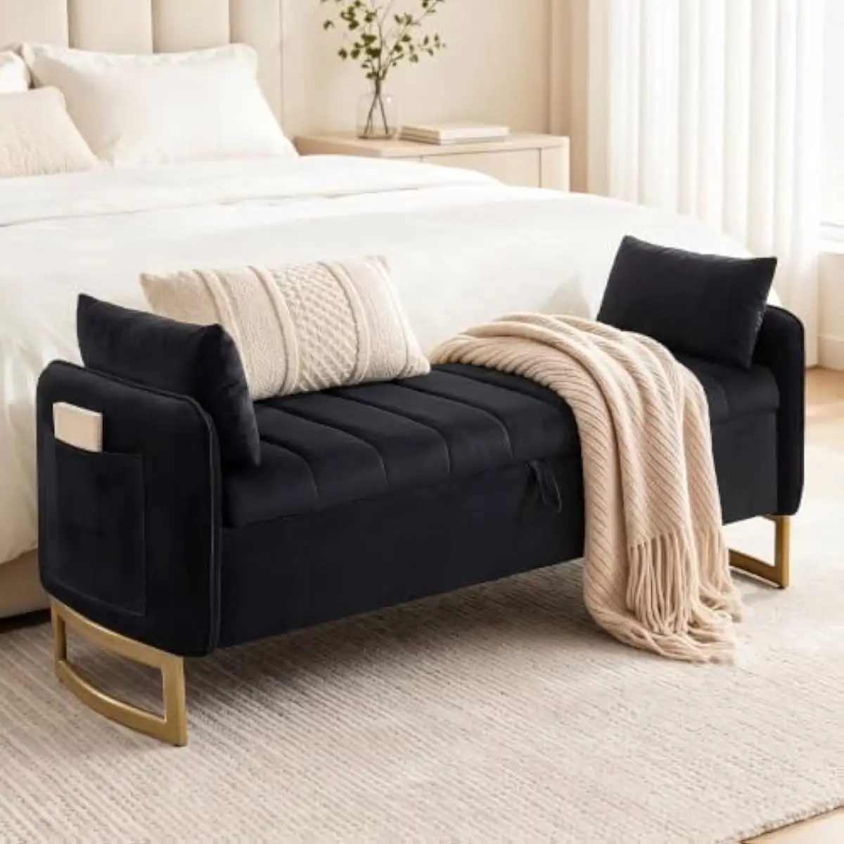 66 Inch Long Modern Black Storage Bench with Hidden Compartment Flip Top Lid Golden Curved Iron Legs Thick Armrests Soft Upholst