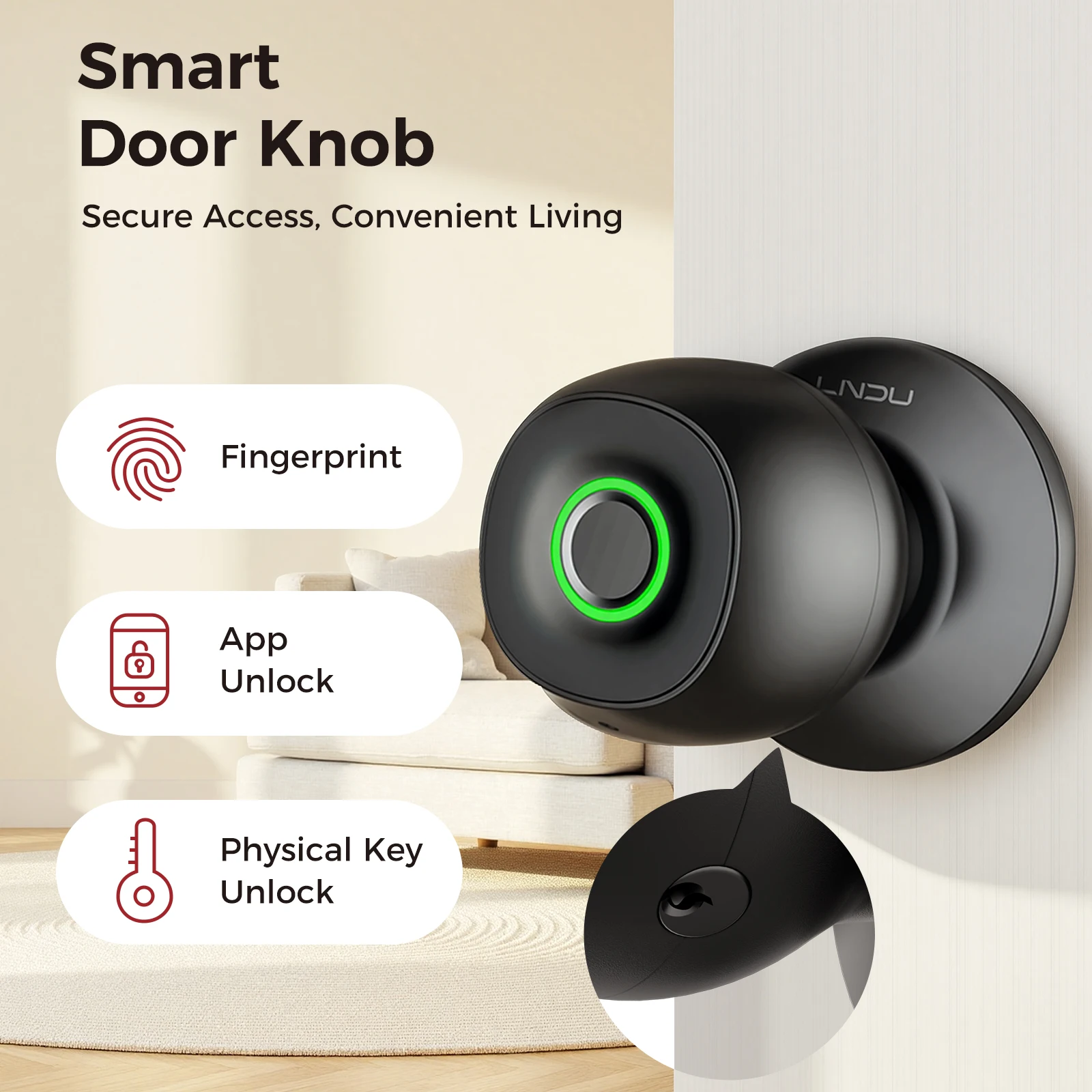 LNDU Smart Fingerprint Door Knob for Interior Doors APP Control Auto Lock Key Unlock Low Battery Alert Black Door Knob U.S. Local Shipping