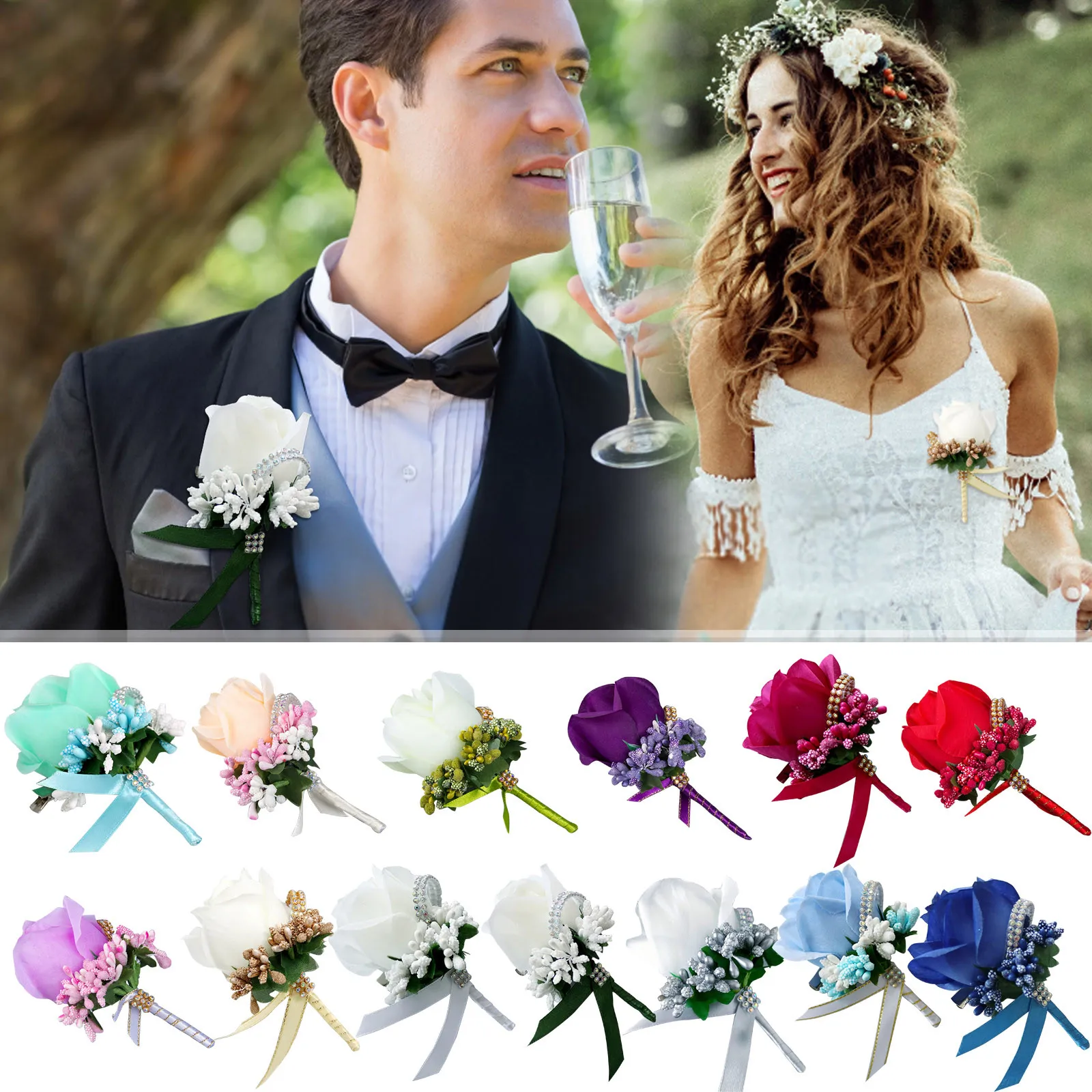 New Artificial Silk Brooch Pin Wrist Corsage Flower Wedding Women Men Boutonniere Bracelet Bangle Groom Bride Party Decoration