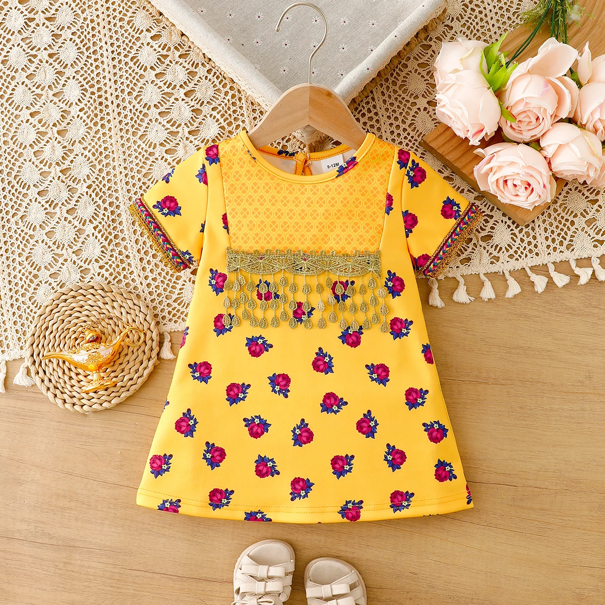 Girls Ethnic Print Dress Bright Yellow Background with Red Rose Pattern Collar Color Block Embroidery Tassel Pendant Decoration