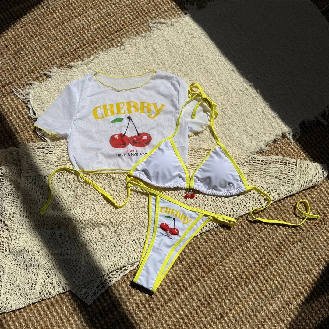 Kurzarm-T-Shirt mit Kirschmuster, Bikini, Damen-Badebekleidung, dreiteiliges Bikini-Set, Badeanzug, Badebekleidung, Modell V7132. – Detail 9
