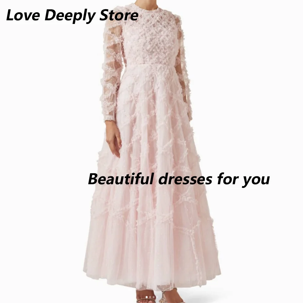 Rosa formelles Abendkleid, maßgeschneidert, O-Ausschnitt, lange Ärmel, Tüll, A-Linie, Abendkleid für Damen, 2026, knöchellanges Partykleid – Detail 1