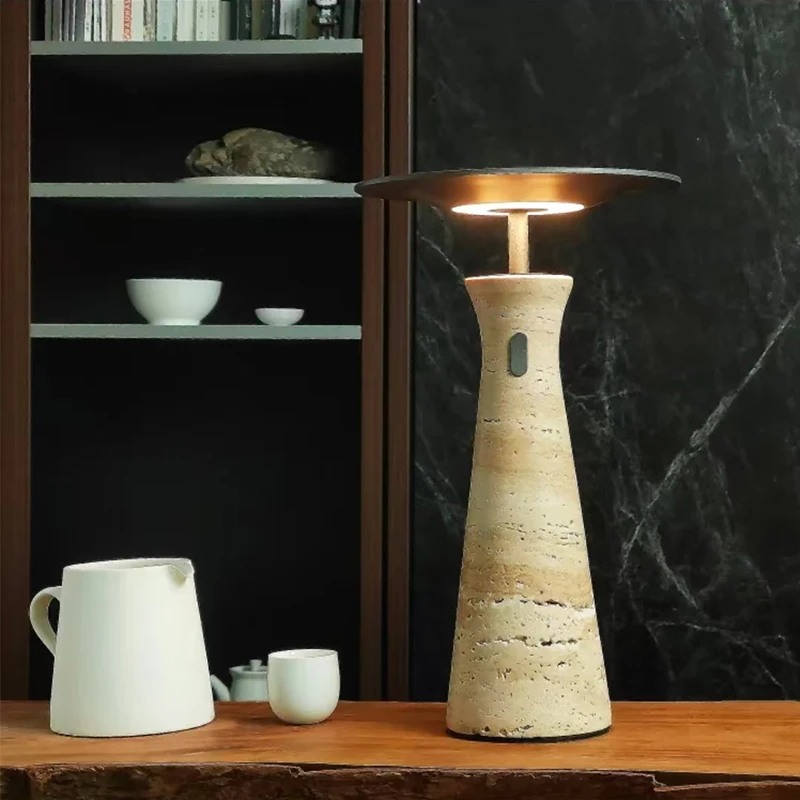 Modern minimalist creative retro atmosphere large travertine table lamp decoration personalized night light