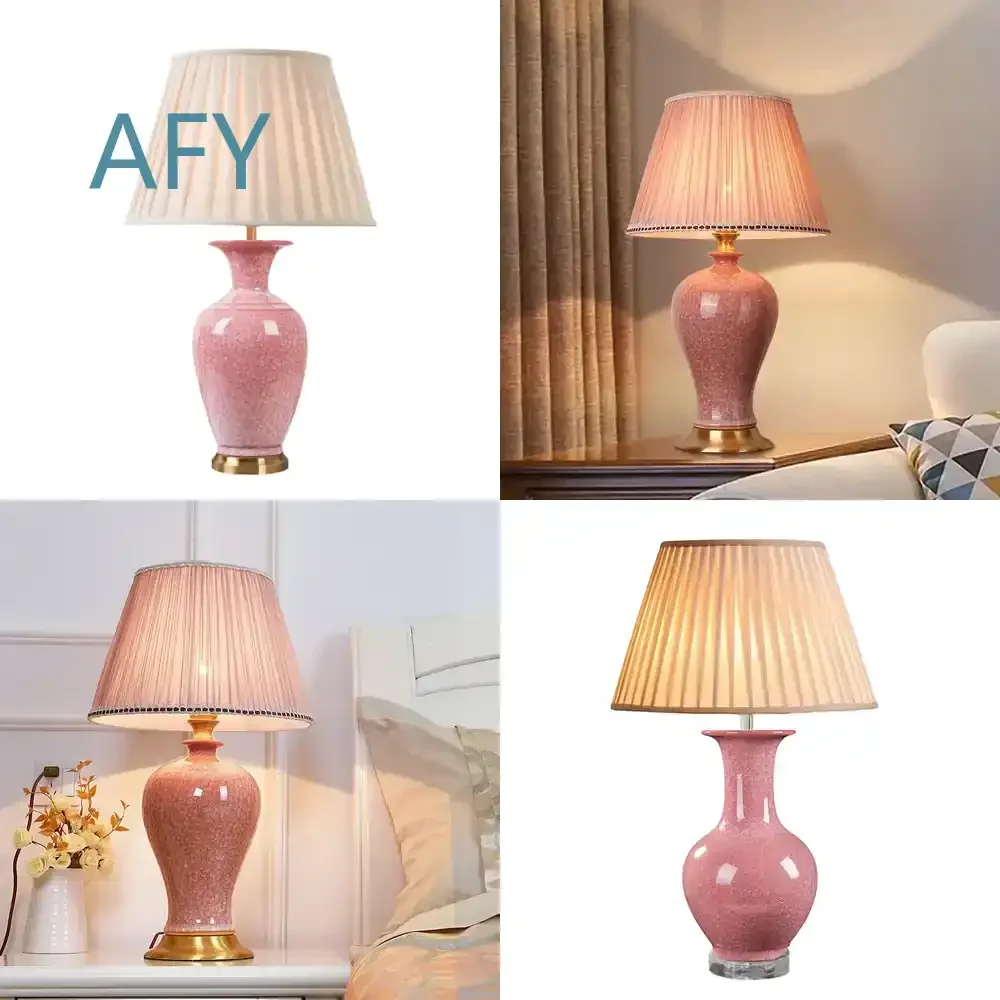 Ice Crack Pink Ceramic Table Lamp for Bedroom Living Room Wedding Decoration Crystal Glaze Porcelain Lamp All Copper Base