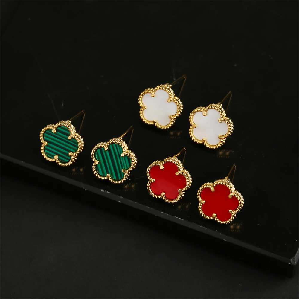 AILINFA 9-Color Hot Selling Natural Stone Plant Five Leaf Flower Petal Earrings for Women 18K Gold Plated High Quality Clover