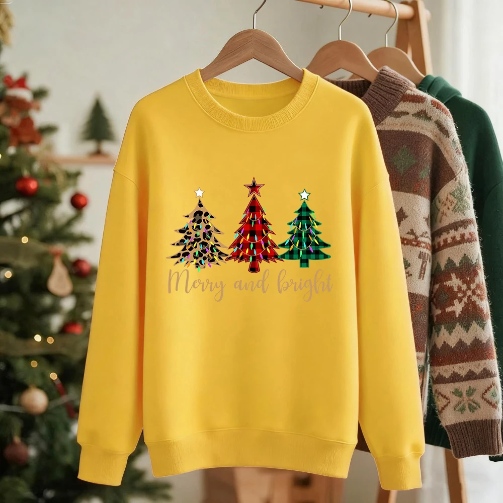 Frohe Weihnachten Lustige Bäume Drucke Sweatshirts Damen Fleece Warme Lässige Hoodies Rundhalsausschnitt Lose Pullover Winter Weiche Kleidung
