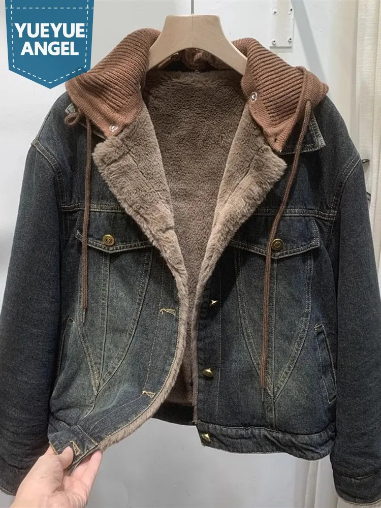 Vintage Women Winter Warm Fleece Lining Denim Jacket Casual Streetwear Knitted Hooded Coat Boyfriend Style Loose Fit Overcoat