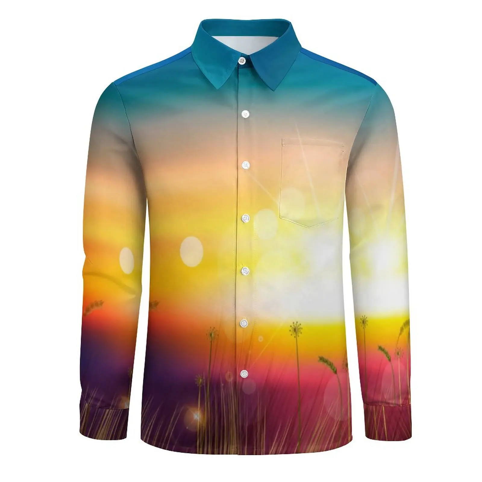 Sunset Fields Shirt Autumn Bright Print Casual Shirts Men Vintage Blouse Long Sleeve Custom Harajuku Clothes Plus Size