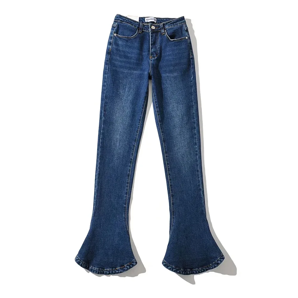 Pantaloni lunghi a ferro di cavallo in denim elasticizzato a vita alta retrò American Four Seasons Hot Girl, jeans micro svasati casual da donna