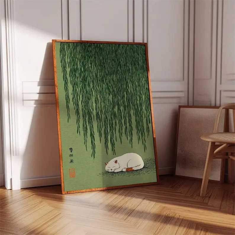 1pc Japanese Cat Under Willow Tree Poster, Unframed Green Nature Cat Wall Art Poster for Living Room and Bedroom Decortions Gift