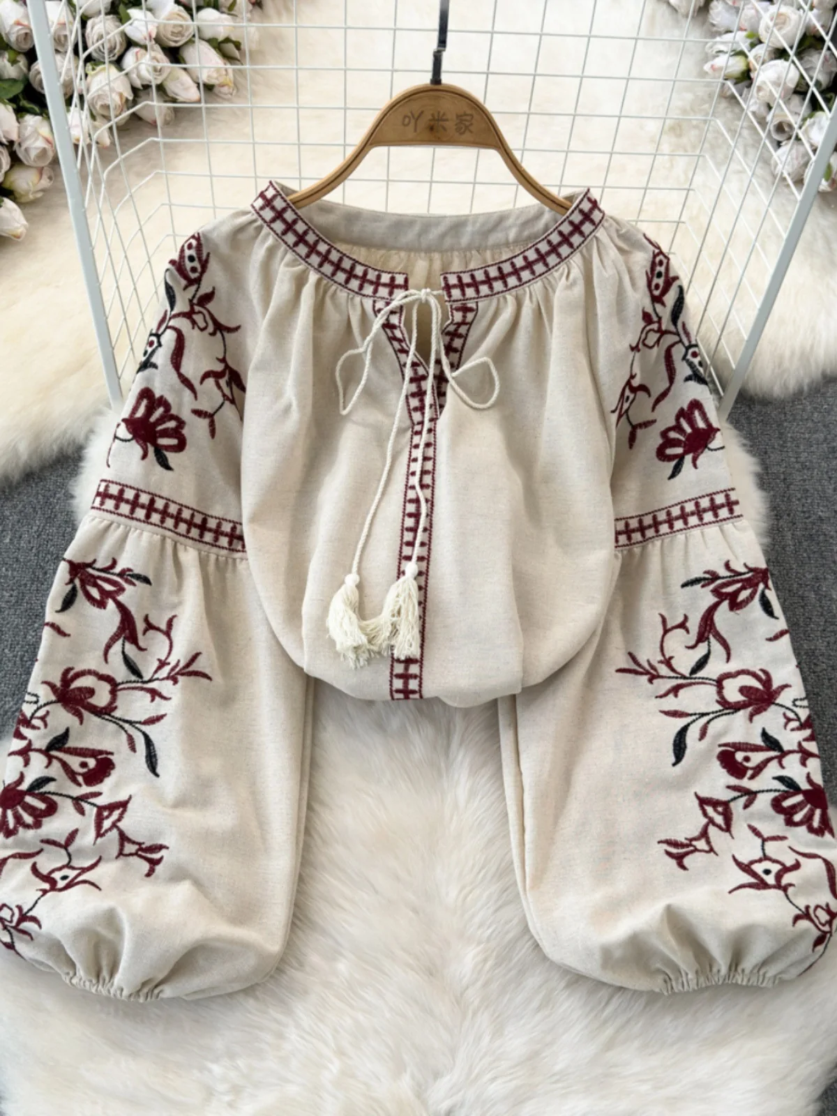 Mexican Shirts Peasant Blouses Line Embroidered Long Sleeve Bohemian Tops Boho Clothes for Women Spring 2025