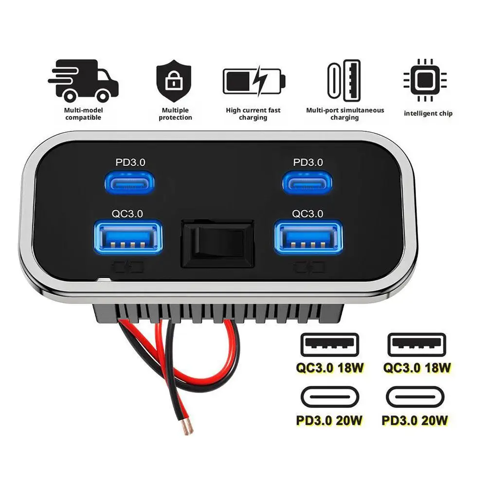 4 Ports 12V RV USB Outlet 76W Dual PD3.0 Type-C Fast charging Dual USB For Car Bus RV Car Charger With Button Switch