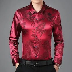 Men Business Formal Satin Shirts Long Sleeve Blouse Faux Silk Dragon Loose Tops Autumn Winter Middle-Aged Men's Simulation