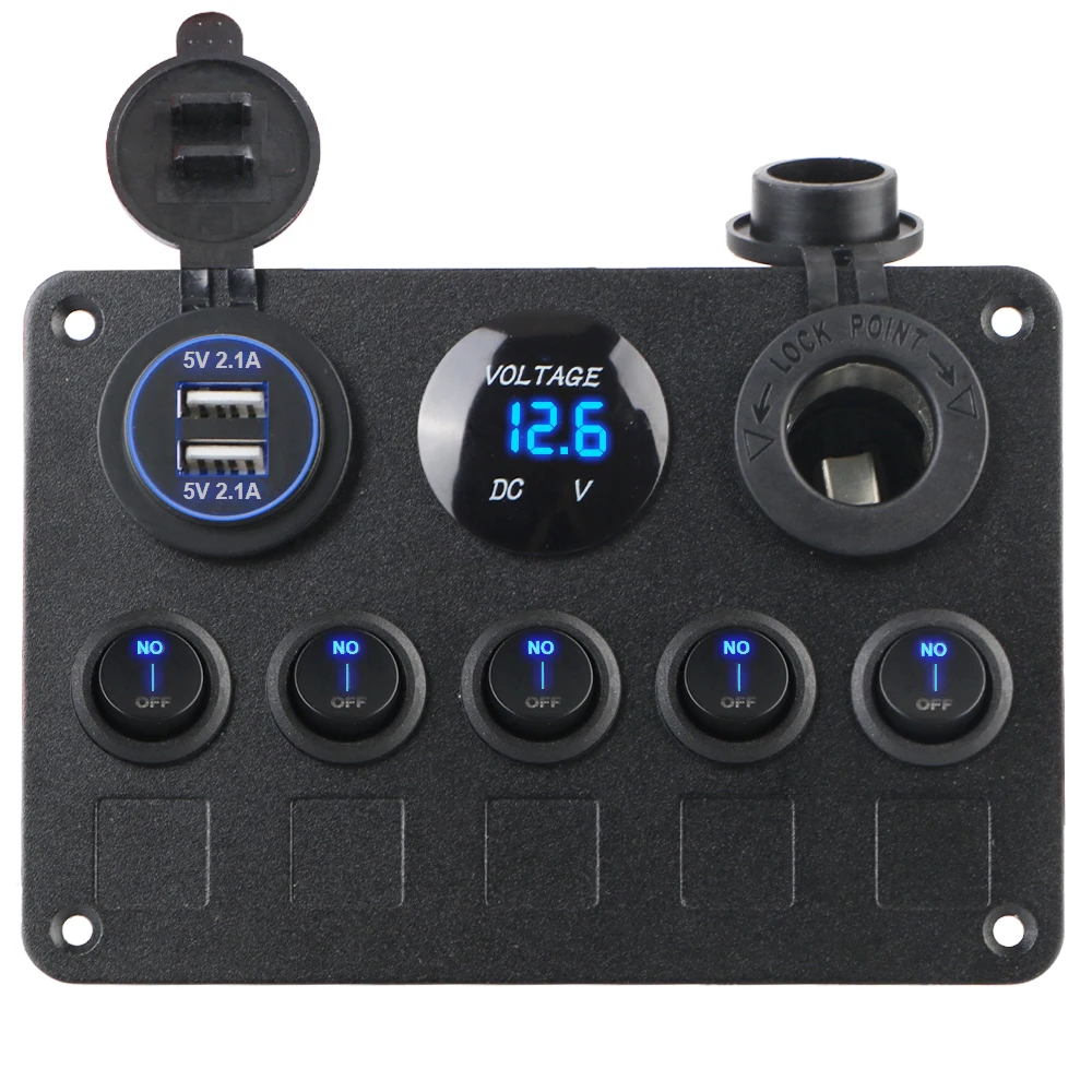 Dual USB Port Boat Switch Panel 5 Gang Marine LED Rocker 12V Outlet Combination Waterproof Digital Voltmeter Car Switch Panel